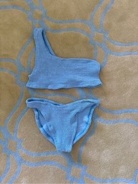 Hunza G Light Blue Textured One-Shoulder Bikini